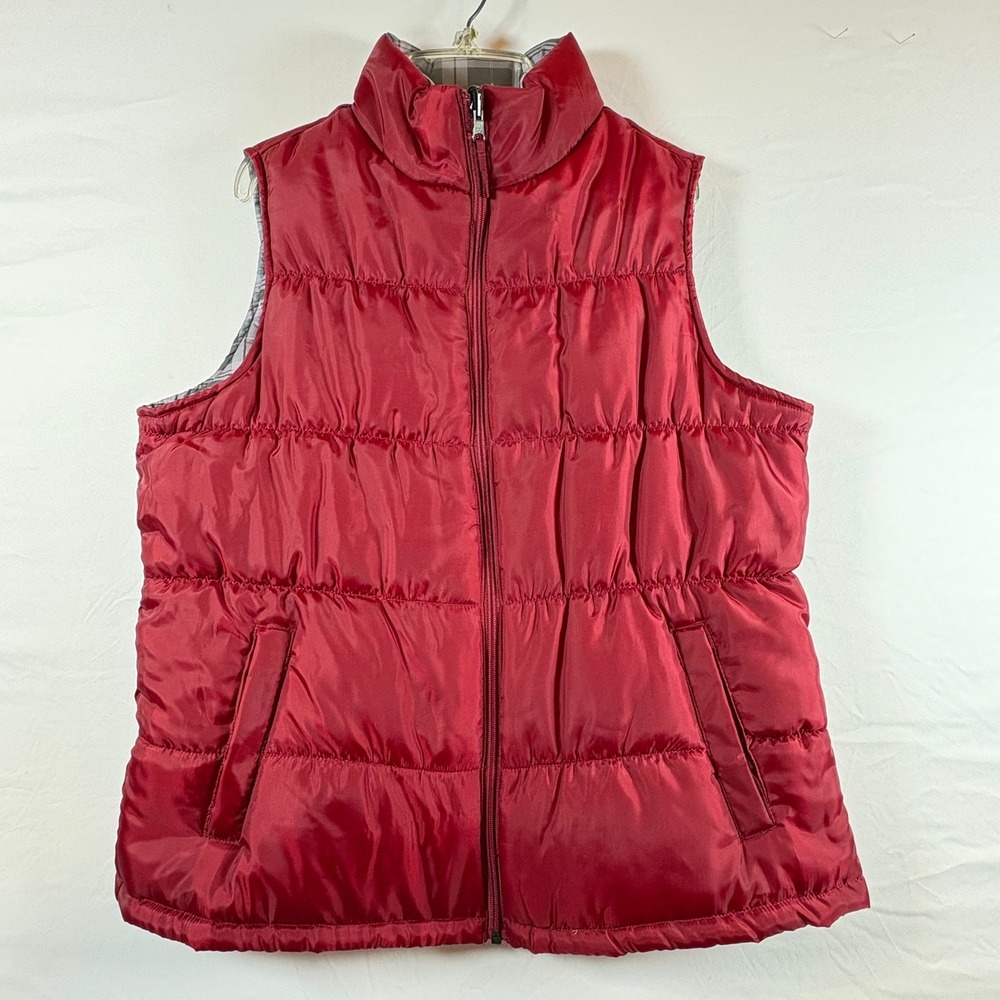 Merona Reversible Puffer Vest Red Plaid Quilted Full Zip Sleeveless Jacket L